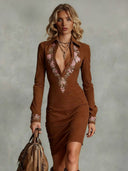 Retro Shirt Collar Embroidered Slim-fit Mini Dress