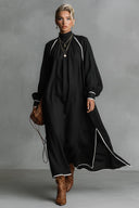 Casual Loose Linen Contrast Trim White Piping Slit Maxi Dress