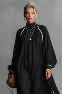 Casual Loose Linen Contrast Trim White Piping Slit Maxi Dress