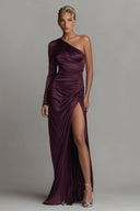 Elegant Minimalist Satin Ruched One-Shoulder Long-Sleeve Maxi Dress
