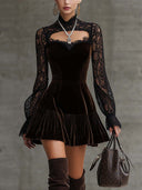 Elegant High-neck Velvet Lace Long-sleeved Mini Dress