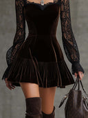 Elegant High-neck Velvet Lace Long-sleeved Mini Dress