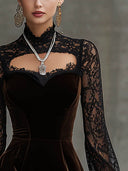 Elegant High-neck Velvet Lace Long-sleeved Mini Dress