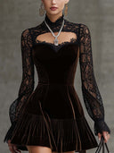 Elegant High-neck Velvet Lace Long-sleeved Mini Dress