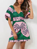 Unique Palm Print Puff Sleeve Mini Dress