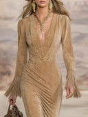 Exquisite V-neck Tassel Suede Slim-fit Midi Dress