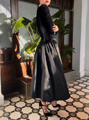 Elegant High-neck Velvet Patchwork Midi Dress