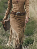 Retro Shirt Collar Zipper Tassel Midi Dress