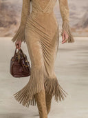 Exquisite V-neck Tassel Suede Slim-fit Midi Dress