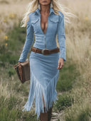 Retro Shirt Collar Zipper Tassel Midi Dress