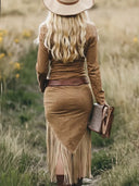Retro Shirt Collar Zipper Tassel Midi Dress