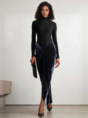 Elegant Long-sleeved Velvet Pleated Maxi Dress