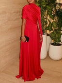 Asymmetrical Pleated Ribbon Maxi Dress
