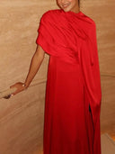 Asymmetrical Pleated Ribbon Maxi Dress