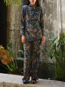 Retro Unique Floral Print Elastic Waist Pocket Pants