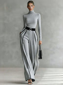 Elegant High Neck Slim Fit Long Sleeve Top Two-Piece Set
