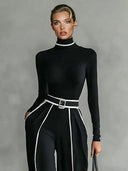 Elegant High Neck Slim Fit Long Sleeve Top Two-Piece Set