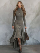Retro Suede Irregular Midi Skirt Two-piece Set