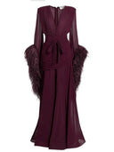 Feather Design Front Slit Maxi Dress