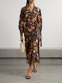 Unique Tie-Front Printed Satin Midi Dress
