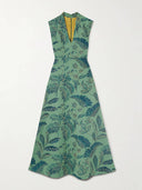 Elegant Leaf-Print V-Neck A-Line Maxi Dress