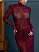 Elegant High-Neck Sheer Wave-Pattern Maxi Dress