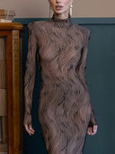 Elegant High-Neck Sheer Wave-Pattern Maxi Dress