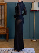 Elegant High-Neck Sheer Wave-Pattern Maxi Dress