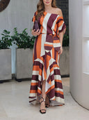 Elegant Asymmetric Geometric Stripe Printed Casual Maxi Dress