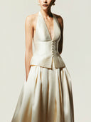 Elegant Halter Neck Vest A-line Skirt Two-piece Set