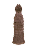 Exquisite Shimmer Backless Tiered Ruffle Maxi Dress