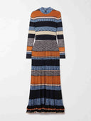 Exquisite Colorful Striped Ruffled Knit High-Neck Maxi Dress