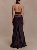 Exquisite Sequin Openwork Top And Satin Pleated Maxi Skirt Set