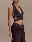Exquisite Sequin Openwork Top And Satin Pleated Maxi Skirt Set