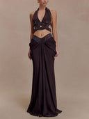 Exquisite Sequin Openwork Top And Satin Pleated Maxi Skirt Set