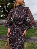 Exquisite Backless Printed Ruched Chiffon Long-Sleeve Maxi Dress