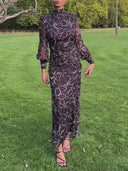 Exquisite Backless Printed Ruched Chiffon Long-Sleeve Maxi Dress