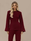 Elegant Flared Sleeve Knit Top And Pants Two-piece Set