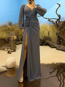 Elegant V-Neck Ruched Floral Slit Maxi Dress
