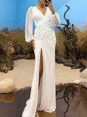 Elegant V-Neck Ruched Floral Slit Maxi Dress