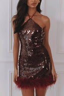 Sexy Sequin & Feather-Trim Backless Mini Dress