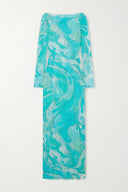 Exquisite Unique Ruffled Printed Tulle Maxi Dress