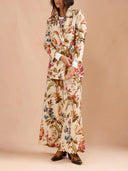 Exquisite Retro Floral Print Lapel Blazer Loose Pocket Wide-Leg Pants Set