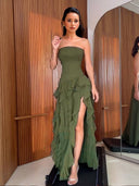 Tube Top Multi-layer Ruffled Side Slit Maxi Dress