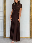 Mesh Pleated Short-sleeved Maxi Dress