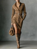 Retro Suede Single Breasted Lapel Mini Dress