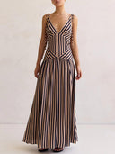 Exquisite Striped Print V-Neck  Adjustable Straps Maxi Dress