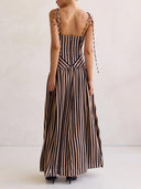 Exquisite Striped Print V-Neck  Adjustable Straps Maxi Dress