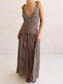 Exquisite Striped Print V-Neck  Adjustable Straps Maxi Dress