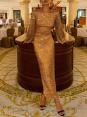 Elegant Backless Long-sleeved Sequined Maxi Dress